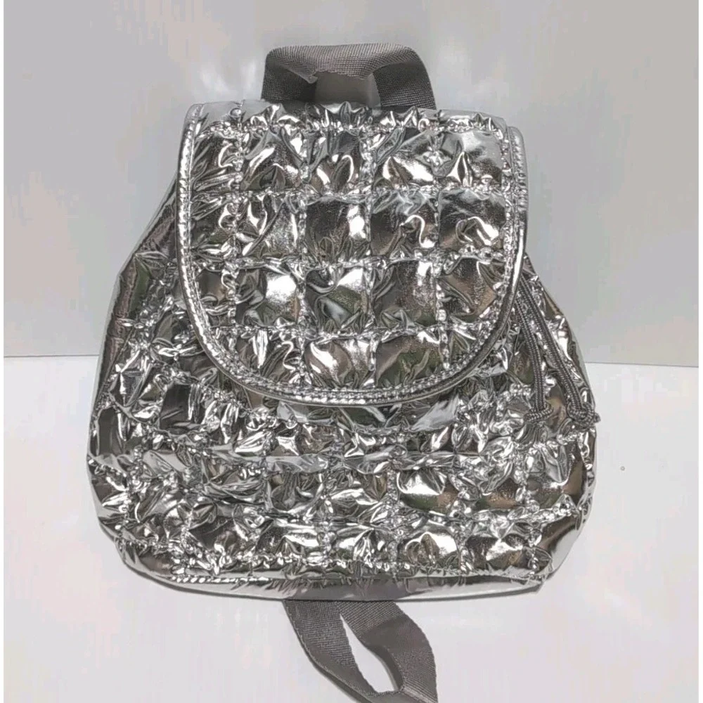 Silver Quilted Puffer Mini Backpack, Art Class, Adjustable Straps, 10in x 8in.
